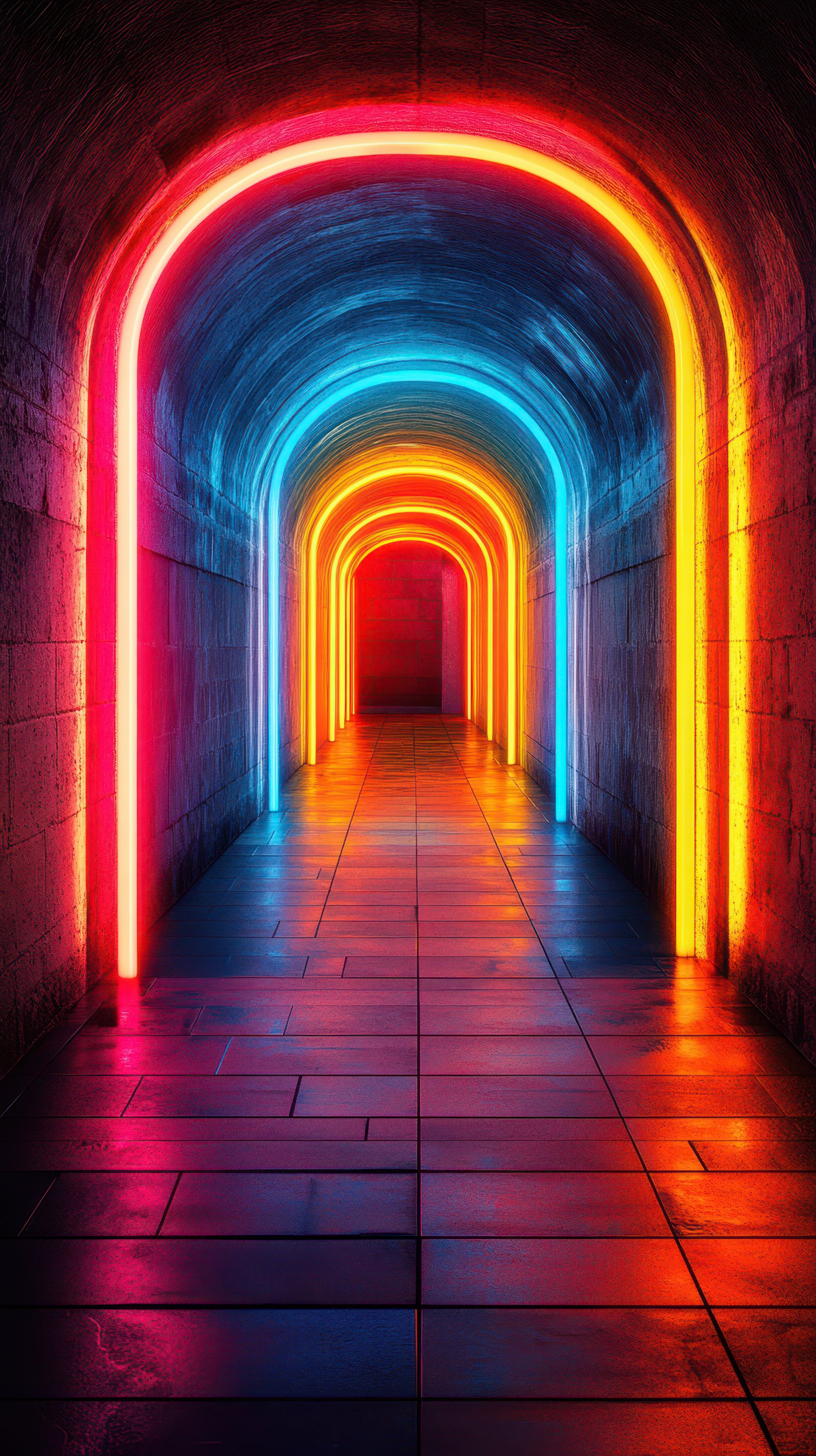 Colorful neon lights illuminate a unique tunnel in a modern art installation at night